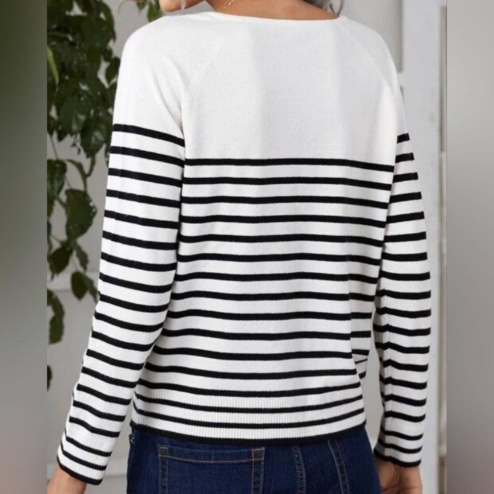 Shein Heart & Letter Embroidery Striped Pattern Sweater Sz L - Picture 2 of 11